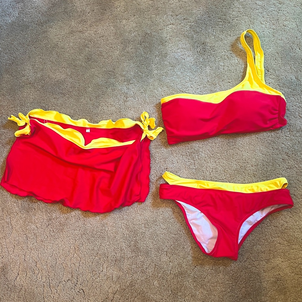 Cute red & yellow swimsuit! With skirt! 👙